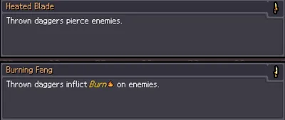 Dagger upgrade cards for Heated Blade and Burning Fang