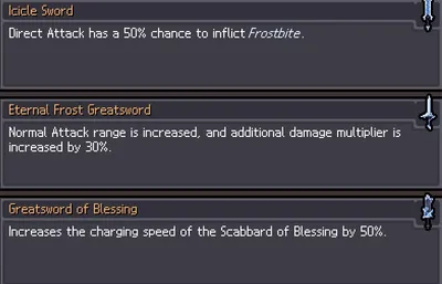 Greatsword upgrade cards for Icicle Sword, Eternal Frost Greatsword and Greatsword of Blessing