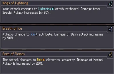 Sword and shield upgrade cards for Wings of Lightning, Breath of Ice and Gaze of Flames